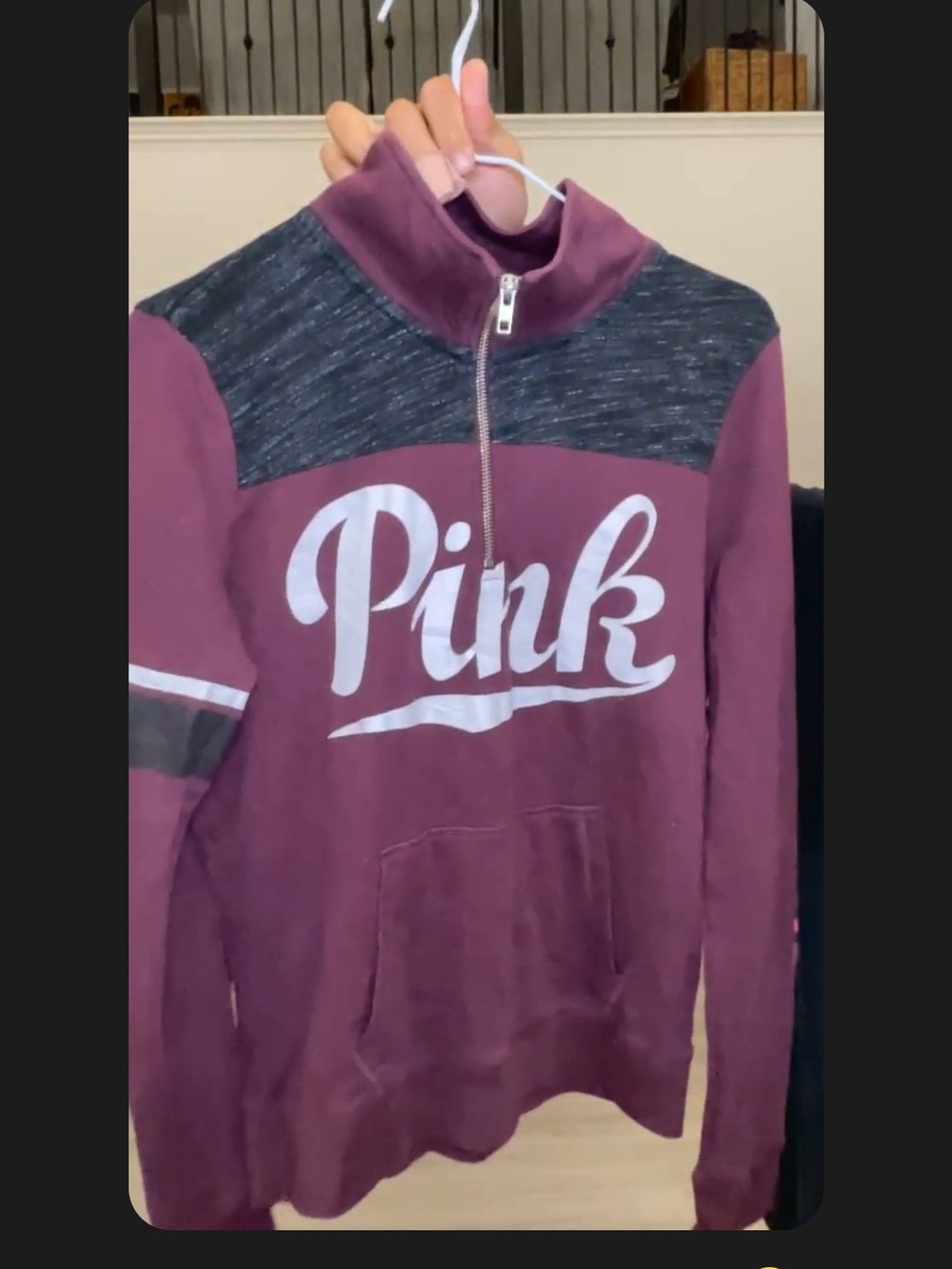 PINK Victoria's Secret Men's Half-Zip Sweatshirt in Wine with Charcoal Yoke